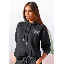 Hoodie BUFFALO, Damen, Gr. 32/34, schwarz, angeraute Sweatware, Obermaterial: 60% Baumwolle, 40% Polyester, unifarben, casual, bequem lang, Langarm Rippbündchen, Sweatshirts, mit Statement Druck, Loungeanzug