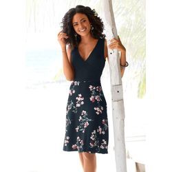 Strandkleid BEACHTIME, Damen, Gr. 40, N-Gr, blau (marine, geblümt, bedruckt), Jersey, Obermaterial: 95% Viskose, 5% Elasthan, modisch, figurumspielend knieumspielend, V-Ausschnitt, ohne Ärmel, Kleider, mit bedrucktem Rockteil, Sommerkleid in Wickeloptik, Jerseykleid