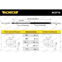 MONROE Gasfeder, Koffer-/Laderaum 460N für MERCEDES-BENZ 1699800964 1699800864 ML5718