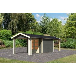 Gartenhaus "Gartenhaus Verino Y" SET terragrau mit 2x Dachausbau, Schindeln, Boden, Dachrinne