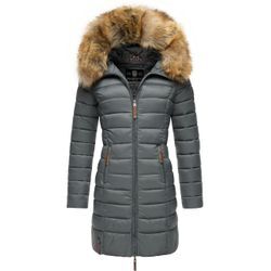 Steppmantel MARIKOO "Rose-Stepp" Gr. L (40), blau (dunkelblau) Damen Mäntel zeitloser Winterparka mit großer Kunstfellkapuze