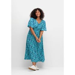 Sommerkleid SHEEGO "Große Größen", Damen, Gr. 42, Normalgrößen, blau (kobalt gemustert), Obermaterial: 97% Viskose (LENZING ECOVERO), 3% Elasthan, gemustert, feminin, figurumspielend lang, V-Ausschnitt, Kurzarm, Kleider, mit Knotendetail in der Taille