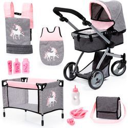 Puppenwagen BAYER "Mega grau/rosa", rosa (grau, rosa einhorn), Puppenwagen, KinderB:36cm H:72cm T:70cm, Kunststoff, Metall, Stoff, mit Reisebett, Schlafsack, Wickeltasche und Zubehör, B:36cm H:72cm T:70cm