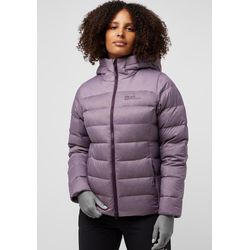 Daunenjacke JACK WOLFSKIN "NEBELHORN DOWN HOODY W", Damen, Gr. L (42/44), lila (wild, blossom), Obermaterial: 100% Polyamid; Kontrast: 75% Polyamid, 25% Elastan; Futter: 100% Polyester; Füllung: 90% Entendaunen, 10% Federn, Jacken