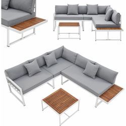 Juskys - Gartenmöbel Lounge St. Tropez - 4 Personen Sitzecke - Set mit Tisch, Ecksofa & Kissen - Möbel für Balkon & Garten - Holz Balkonmöbel Weiß