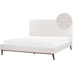 Bett Cremeweiß Samt mit Lattenrost 180 x 200 cm Gestepptes Hohes Kopfteil Schlanke Holzbeine Glamourös Polsterbett Doppelbett Samtbett Ehebett