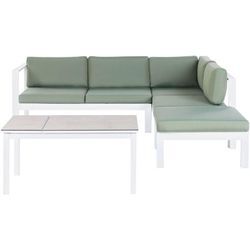 Lounge Set Weiß Aluminium mit Auflagen Grün Stoff Skandi Modern 5-Sitzer Ecksofa Ottomane und 1 Couchtisch Terrasse Garten Möbel