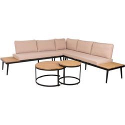 Garten-Garnitur HHG 215c, Lounge-Set, Beistelltisch Spun Poly Akazie Holz Stahl hellbraun, Kissen beige