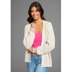 Cardigan LAURA SCOTT, Damen, Gr. 32/34 (XS), beige (creme), Strick, Obermaterial: 50% Baumwolle, 50% Polyacryl, unifarben, casual, figurumspielend hüftbedeckend, Langarm Rippbündchen, Strickjacken, mit gestreiften Bündchen