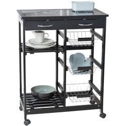 Servierwagen WENKO "Bon Appetit", schwarz (gestell: schwarz, körbe: silberfarben glänzend, rollen: schwarz), B:67cm H:86,5cm, MDF, Metall, Polypropylen, Rollwagen, obere Ablage mit dekorativem Glasbild