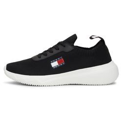 Slip-On Sneaker TOMMY JEANS "TJW KNIT RUNNER" Gr. 39, schwarz, Damen, Textil, Leder, unifarben, kontrastfarbene Details, Schuhe, Freizeitschuh, Halbschuh, Schlupfschuh mit seitlicher Logoflagge