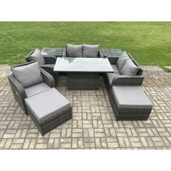 Fimous - Rattan Möbel Garten Dining Sets im Freien Höhenverstellbarer aufsteigender Tisch Liebe Sofa Stuhl mit 2 Beistelltische 2 Fußhocker