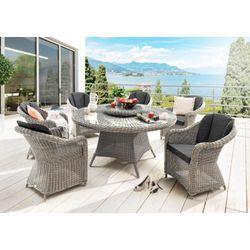 Garten-Essgruppe DESTINY "MALAGA LUNA", weiß (vintage weiß), Polyester, Aluminium, Polyrattan, Polyester, Sitzmöbel-Sets, (Set,19-tlg., 6xSessel, 1 Tisch Ø 150x75 cm), Aluminium, Polyrattan