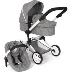 Kombi-Puppenwagen CHIC2000 "Linus, Jeans Grey", grau (jeans grau), Puppenwagen, KinderB:41,5cm H:82cm T:72cm, Stahl, Kunststoff, Polyester, mit Babywanne und Autositz, B:41,5cm H:82cm T:72cm