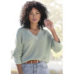 LASCANA V-Ausschnitt-Pullover grün Gr. 32/34 für Damen. Mit V-Ausschnitt. Figurumspielend