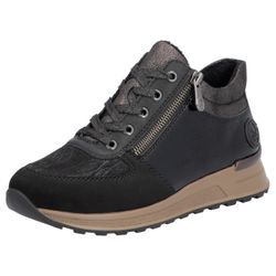 Sneaker RIEKER, Damen, Gr. 38, schwarz (schwarz, grau), Lederimitat, Textil, sportlich, Schuhe, Freizeitschuh, Halbschuh, Schnürschuh mit seitlichem Reißverschluss