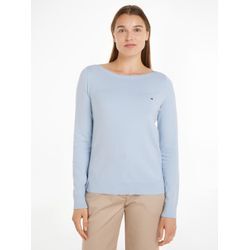 Strickpullover TOMMY HILFIGER "CO JERSEY STITCH BOAT-NK SWEATER", Damen, Gr. XS (34), blau (breezy blau), Strick, Obermaterial: 67% Baumwolle, 33% Polyamid, unifarben, casual, Basic hüftlang, U-Boot-Ausschnitt, Langarm Bündchen, Pullover, mit Tommy Hilfiger Logo-Flag am Ärmel