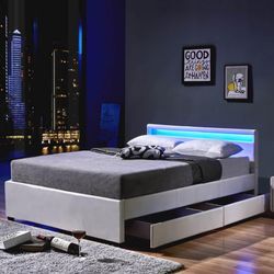 HOME DELUXE LED Bett Nube mit Schubladen und Matratze, 140 x 200cm - versch. Ausführungen - Weiß