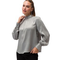 Klassische Bluse ZERO "zero Glitzerbluse mit Stehkragen" Gr. 34, grausilber Damen Blusen