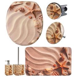 Badaccessoire-Set SANILO "Sanibel", braun (braun, beige), Holz, Polyester, Polyresin (Kunststein), Badaccessoires-Sets, bestehend aus WC-Sitz, Badteppich, Stöpsel, Seifenspender, WC-Bürste