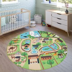 Kinderteppich PACO HOME "Bino 563", beige, H:4mm Ø:160cm, Polyester, Teppiche, Kurzflor, Straßen-Spiel-Teppich, Motiv Zoo, Kinderzimmer