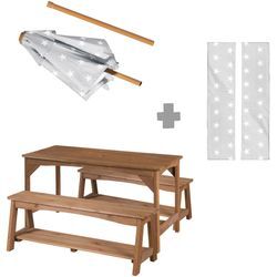 Garten-Kindersitzgruppe ROBA "Outdoor+", braun (teakfarben), Sitzmöbel-Sets, Kinder, B/H/T: 107cm x 155cm x 106cm, Kindgerechte Sitzhöhe-mit schattenspendendem Schirmset, Massivholz, Tisch und 2 Bänke mit Sitzauflage, Schirmset, B:107cm H:155cm T:106cm