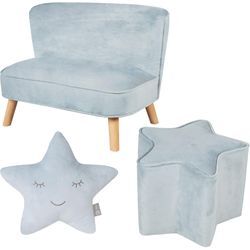 Kindersitzgruppe ROBA "Lil Sofa", blau (hellblau, sky), Sitzmöbel-Sets, Kinder, Samt, bestehend aus Kindersofa, Kinderhocker und Dekokissen in Sternform