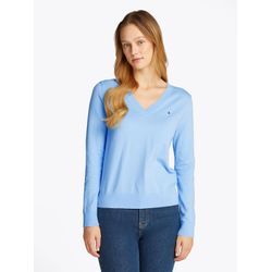 V-Ausschnitt-Pullover TOMMY HILFIGER Gr. S (36), blau (vessel blau), Damen, Obermaterial: 67% Baumwolle, 33% Polyamid, unifarben, Pullover, mit Logo-Stickerei