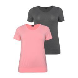 T-Shirt H.I.S Gr. 44/46, rot (koralle, schwarz), Damen, Single Jersey, Obermaterial: 87% Polyester, 13% Elasthan, Shirts, Kurzarm, figurumspielende Passform, aus elastischem Single-Jersey