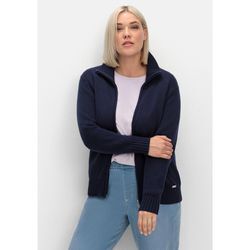 Strickjacke SHEEGO "Große Größen" Gr. 44, blau (marine), Damen, Obermaterial: 50% Baumwolle, Polyacryl, Strickjacken mit Troyerkragen und 2-Wege-Zipper