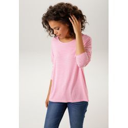 Langarmshirt ANISTON CASUAL Gr. 36, pink (pink, weiß), Damen, Single Jersey, Obermaterial: 95% Viskose, 5% Elasthan, geringelt, gestreift, Shirts, der Clou: die Fake-Knopfleiste im Rücken