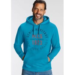 Kapuzensweatshirt H.I.S, Herren, Gr. L (52/54), blau (türkis), angeraute Sweatware, Obermaterial: 60% Baumwolle, 40% Polyester, bedruckt, casual, normal, Rundhals, Langarm Rippbündchen, Sweatshirts, Langarm, lässige Passform, mit Kängurutasche