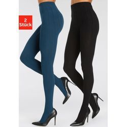 Strickstrumpfhose LASCANA Gr. 44/46, blau (1x schwarz, 1x petrol), Damen, Obermaterial: 70% Baumwolle, 28% Polyamid, 2% Elasthan, uni und gemustert, Strumpfhosen, mit Zopfmuster