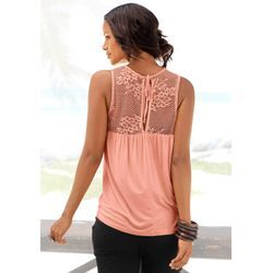 Strandtop LASCANA, Damen, Gr. 32/34, orange (peach), Jersey, Obermaterial: 95% Viskose, 5% Elasthan. Spitze: 100% Polyamid, unifarben, modisch, figurumspielend hüftlang, hoch geschlossener Ausschnitt, ohne Ärmel, Tops, mit Spitzeneinsätzen, Damentop mit Bindeband, Spitzentop