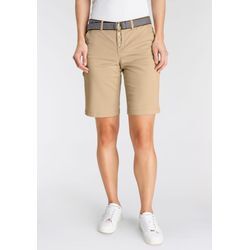 Chinoshorts DELMAO, Damen, Gr. 34, N-Gr, beige, Web, Obermaterial: 98% Baumwolle, 2% Elasthan, unifarben, gestreift, casual, A-Linie kniefrei, Hosen Shorts Strandshorts, zum Krempeln, mit passendem Gürtel