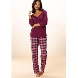 Pyjama VIVANCE DREAMS, Damen, Gr. 40/42, rot (bordeaux), Single Jersey, Obermaterial: 100% Baumwolle, kariert, Basic, lang, V-Ausschnitt, 3/4-Ärmel eingesetzt, Homewear-Sets, mit karierter Hose