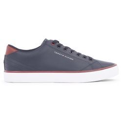 Sneaker TOMMY HILFIGER "TH HI VULC CORE LOW LEATHER ESS" Gr. 41, blau (dunkelblau), Herren, Leder, Lederimitat, Schuhe Freizeitschuh, Halbschuh, Schnürschuh mit Ziernähten an der Ferse