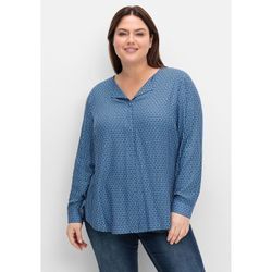 Hemdbluse SHEEGO "Große Größen" Gr. 44, blau (tiefblau gemustert), Damen, Obermaterial: 100% Viskose, gemustert, Blusen, mit Minimalprint und verdeckter Knopfleiste