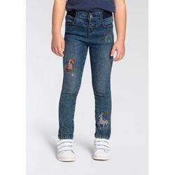 Stretch-Jeans KIDSWORLD "Basic Jeans mit toller Stickerei" Gr. 128, N-Gr, blau (blau, denim), Mädchen, Denim/Jeans, Obermaterial: 98% Baumwolle, 2% Elasthan, bedruckt, mehrfarbig, Jeans, schmale Beinform, mit verstellbarem Gummizug am Bund, lang