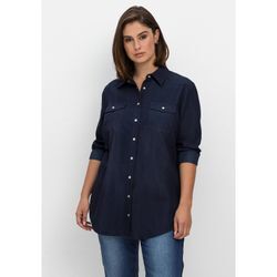 Jeansbluse SHEEGO "Große Größen", Damen, Gr. 46, blau (dunkelblau denim), Obermaterial: 100% Baumwolle, unifarben, casual, figurumspielend lang, Blusen, mit Knopfleiste und Brusttaschen