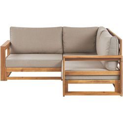 Beliani - Lounge Sofa Hellbraun Zertifiziertes Akazienholz Auflagen Taupe 2-Sitzer Ecksofa Retro Landhaus Stil Terrasse Outdoor Balkon Außenbereich