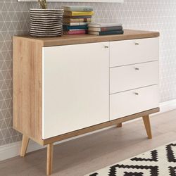 Sideboard Schubkasten-Kommode im Retro Design MAINZ-61 weiß matt mit Eiche Riviera Nb. b/h/t ca. 107x83x40cm