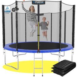 KINETIC SPORTS Trampolin Outdoor 'Salto Plus' Ø 183/244/305/366/400/430/490 cm - Komplett-Set für Kinder, USA Sprungtuch, Netz, Randpolster, Leiter - bis zu 160kg Blau-4 Ø 335 cm Ø 335 cm, Blau-4