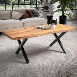 Couchtisch FineBuy Wohnzimmertisch 120 cm Akazie Massivholz Baumkante Sofatisch