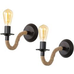 2 Stück Wandleuchte Innen, Wandleuchte Retro, Hanfseil Schwarz Industrial E27 Wandlampe für Schlafzimmer, Wohnzimmer, Treppen, Flur (ohne