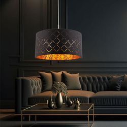 Hängelampe schwarz Esstischleuchte Pendellampe modern LED Wohnzimmerleuchte, Textil Schirm rund, Metall gold, 1x LED 7W 806lm 2700K warmweiß, DxH