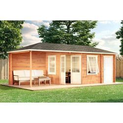 Alpholz - 5-Eck Gartenhaus Modell Rhein-40 mit Anbau aus Holz in Braun Holzhaus Wandstärke: 40 mm Inklusive: Terrasse fsc zertifiziert