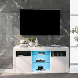 TV-Schrank Fernsehtisch, Fernsehschrank mit 2 Schränken mit Türen und 5 offenen Regalen (Hochglanz-TV-Schrank einstellbares LED-System, weiß 1203550