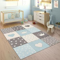 Paco Home Kinderteppich Teppich Kinderzimmer 3D Konturenschnitt Kariert Punkte Herzen Sterne Pastell Blau 240x340 cm