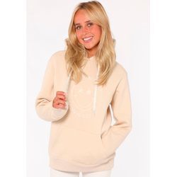 Hoodie ZWILLINGSHERZ "Happy and Beautiful" Gr. S/M, beige Damen Sweatshirts mit gleichfarbiger Smiley-Stickerei und Bindebänder Schriftzug